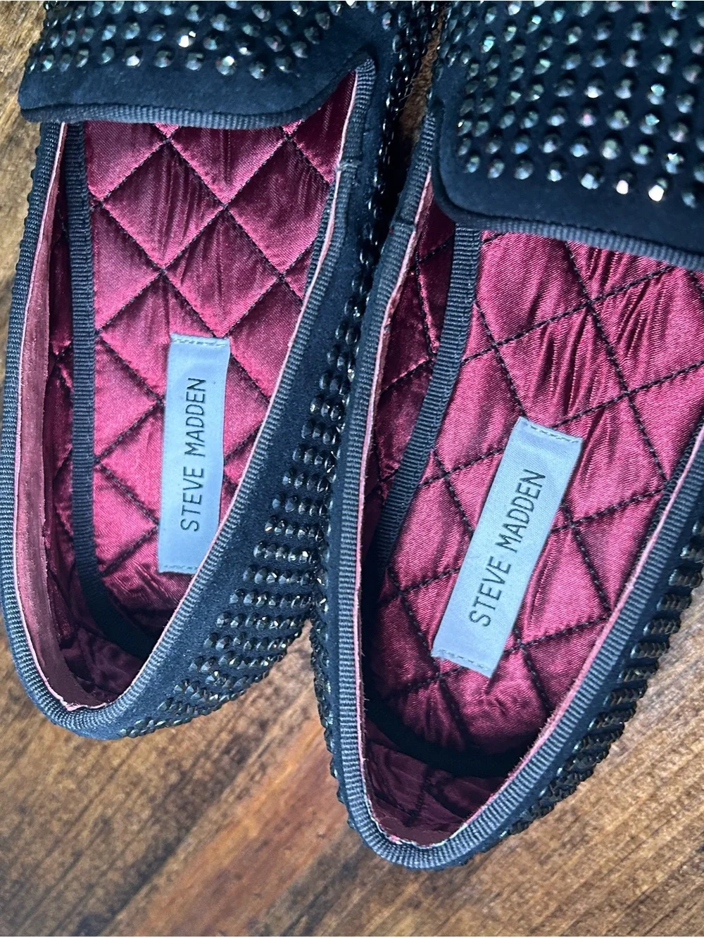 Steve Madden Black Studded Slip-On Loafers with Burgundy Lining